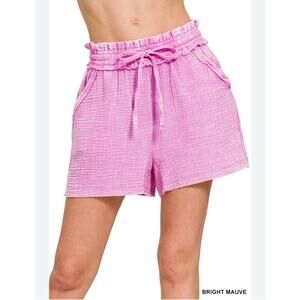 Zenana Gauzey Raw Seamsed Mineral Wash Pink Shorts  with Pockets Size L